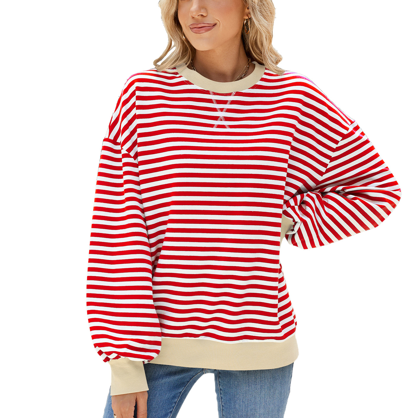 Women's Striped Crew Neck Color-Blocked Loose Long-Sleeved Sweatshirt