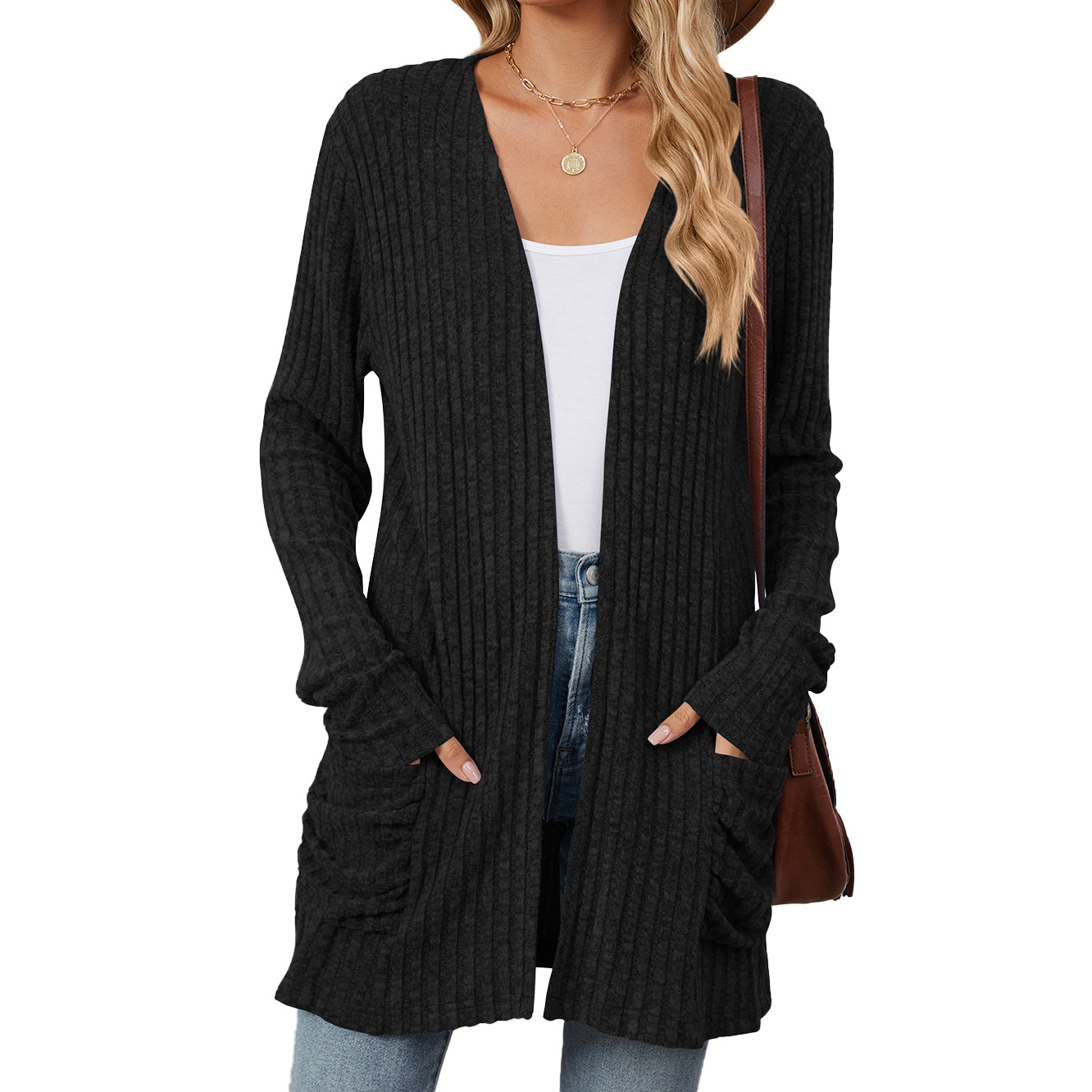 Women's Solid Color Pocket Long-Sleeved Base Cardigan Knitwear