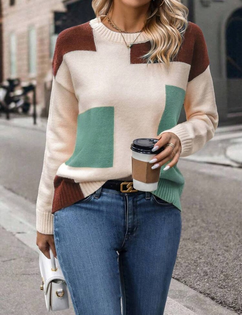 Women's Color-Blocked Knit Crew Neck Sweater