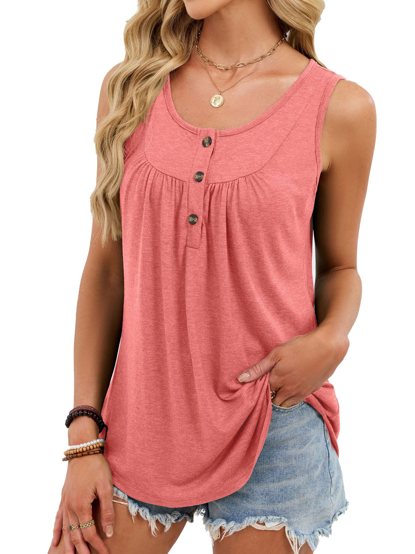 Women's solid color round neck button T-shirt sleeveless vest