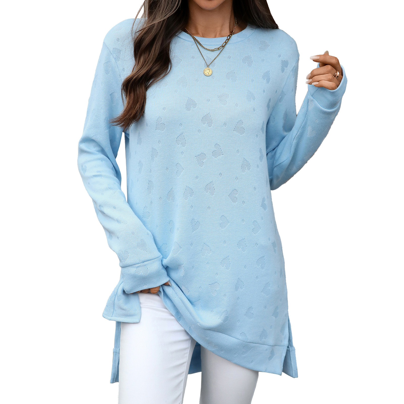 Women's solid color round neck loose long sleeve
