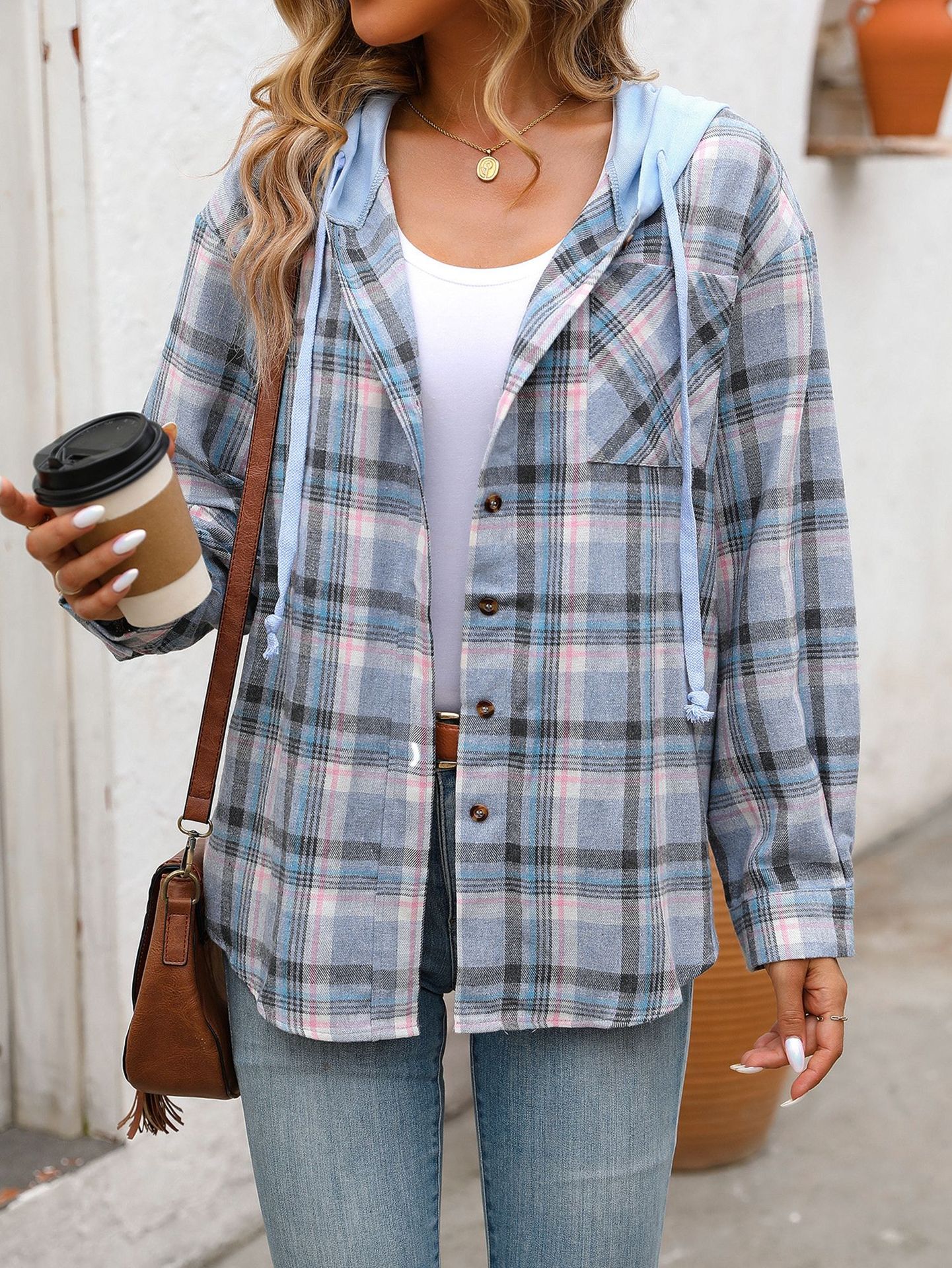 Women's fashionable casual hooded color-blocked plaid jacket shirt