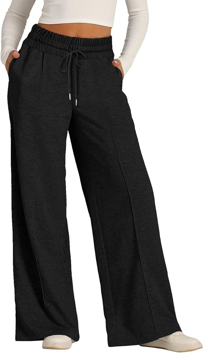 Women's solid color casual wide-leg drawstring elastic waist sweatpants