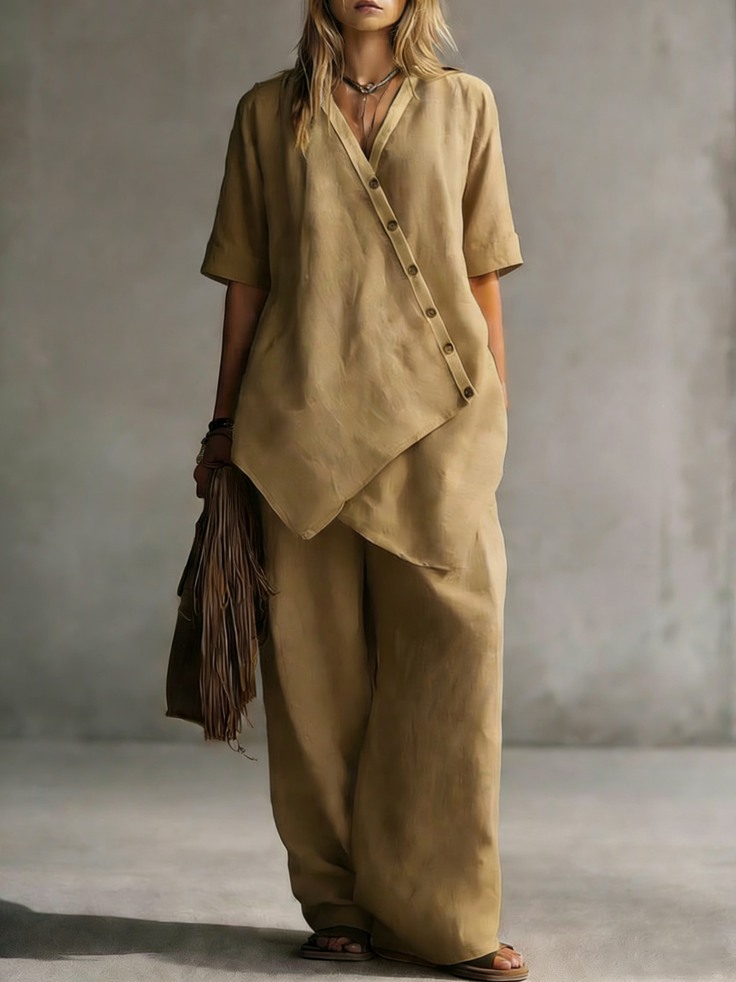 Women's Linen-Blend Two-Piece Set: Asymmetrical Shirt & Wide-Leg Pants — Casual & Relaxed Attire