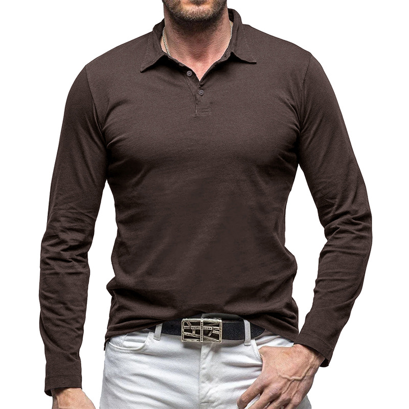 Outdoor Autumn/Winter New Style Lapel European and American Style Men's Solid Color Pure Cotton Long Sleeve Polo Shirt