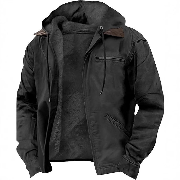Solid color hooded cotton-padded casual men's jacket with fleece lining and zipper pockets