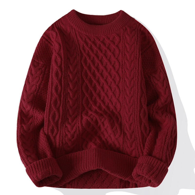 Men's and women's autumn and winter round neck fleece-lined solid color knitted sweaters