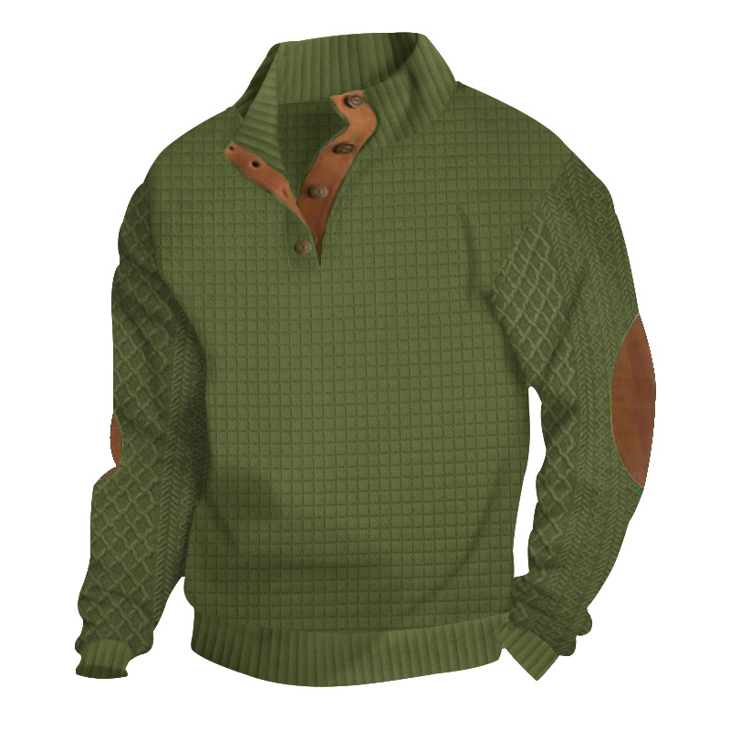 🔥Men's Outdoor Casual Stand Button Long Sleeve Waffle Golf Sweater