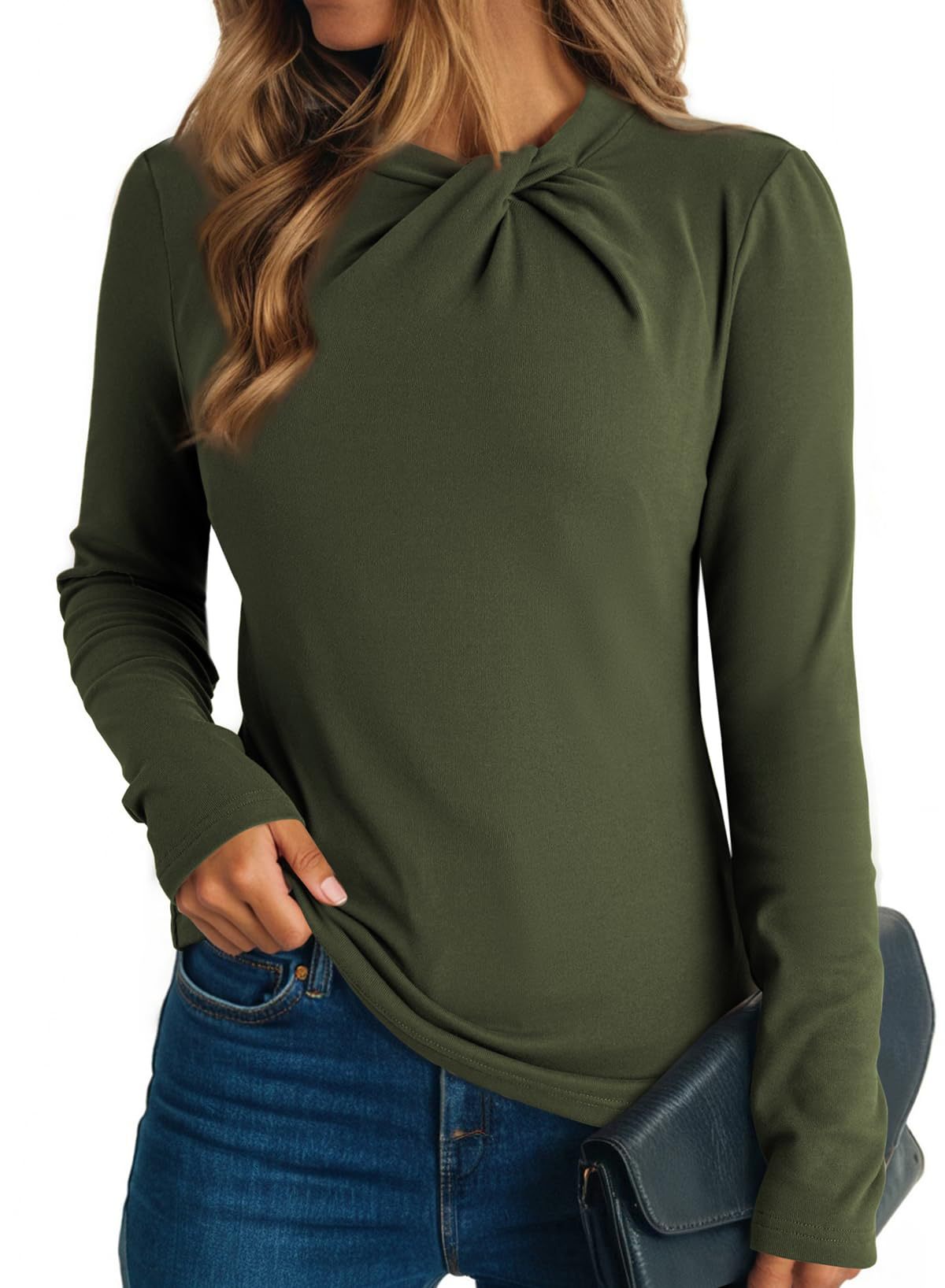Women's solid color cross-over round neck pleated slim-fit long-sleeved top