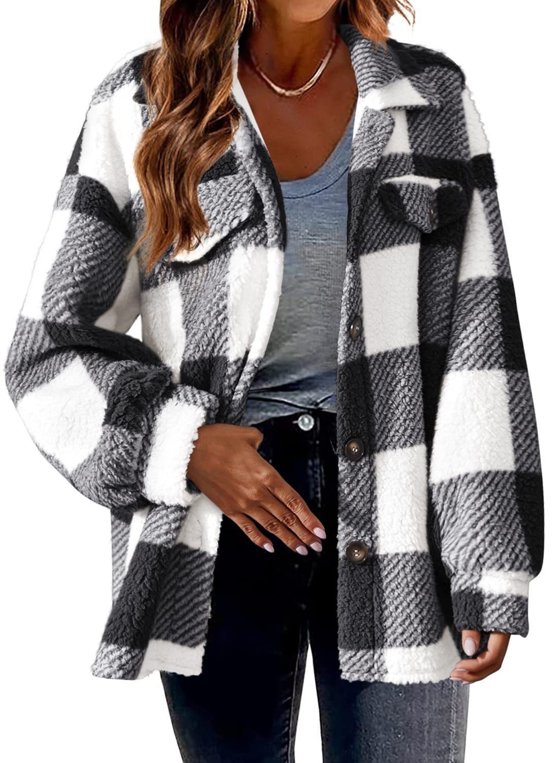 Women's plaid button-up fleece jacket