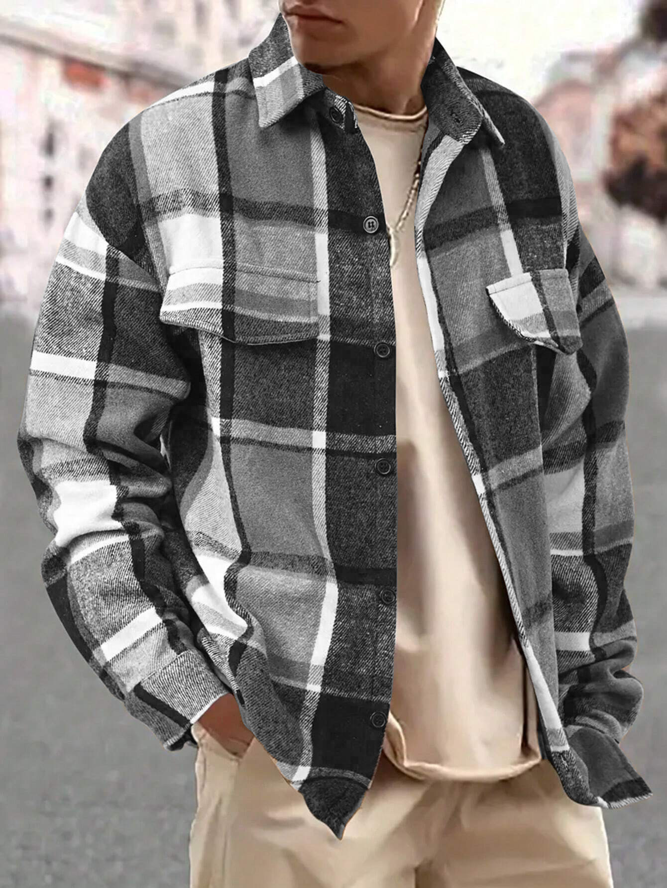 Men's retro checkered shirt with turn-down collar