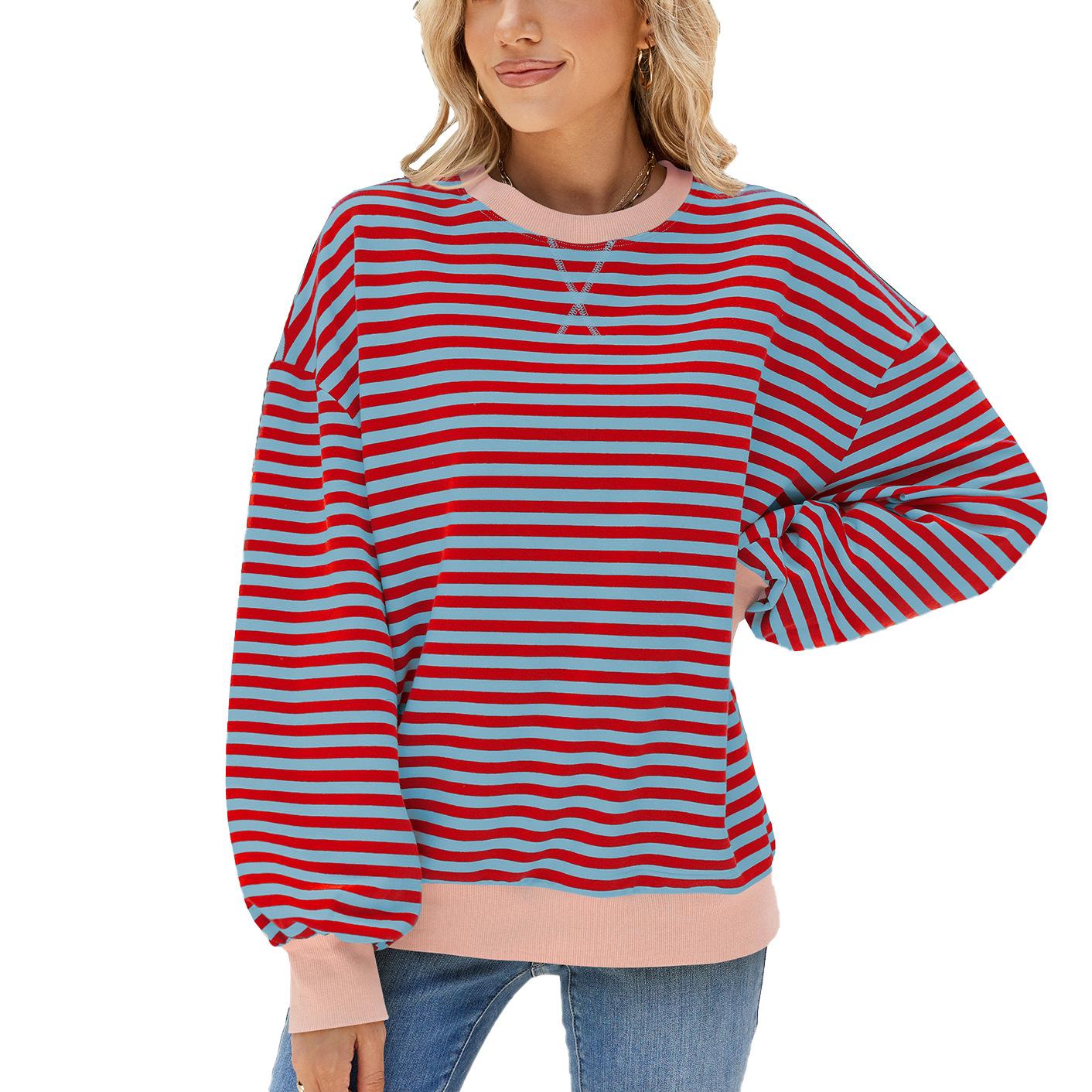 Women's Striped Crew Neck Color-Blocked Loose Long-Sleeved Sweatshirt
