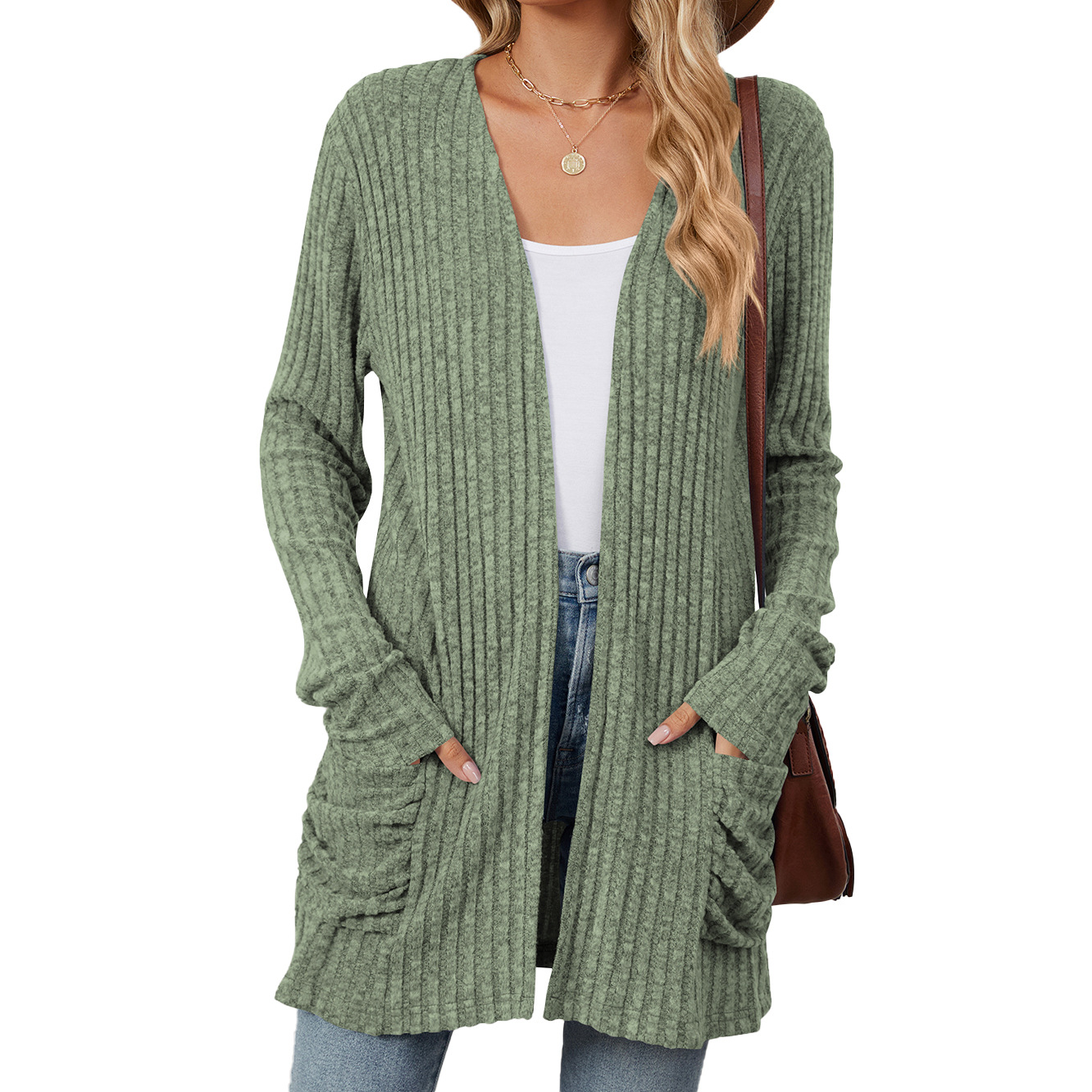 Women's Solid Color Pocket Long-Sleeved Base Cardigan Knitwear