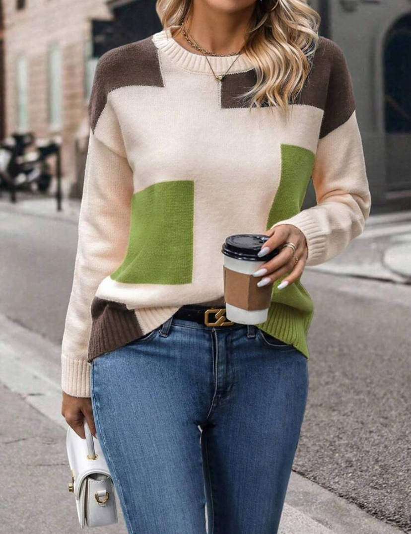 Women's Color-Blocked Knit Crew Neck Sweater