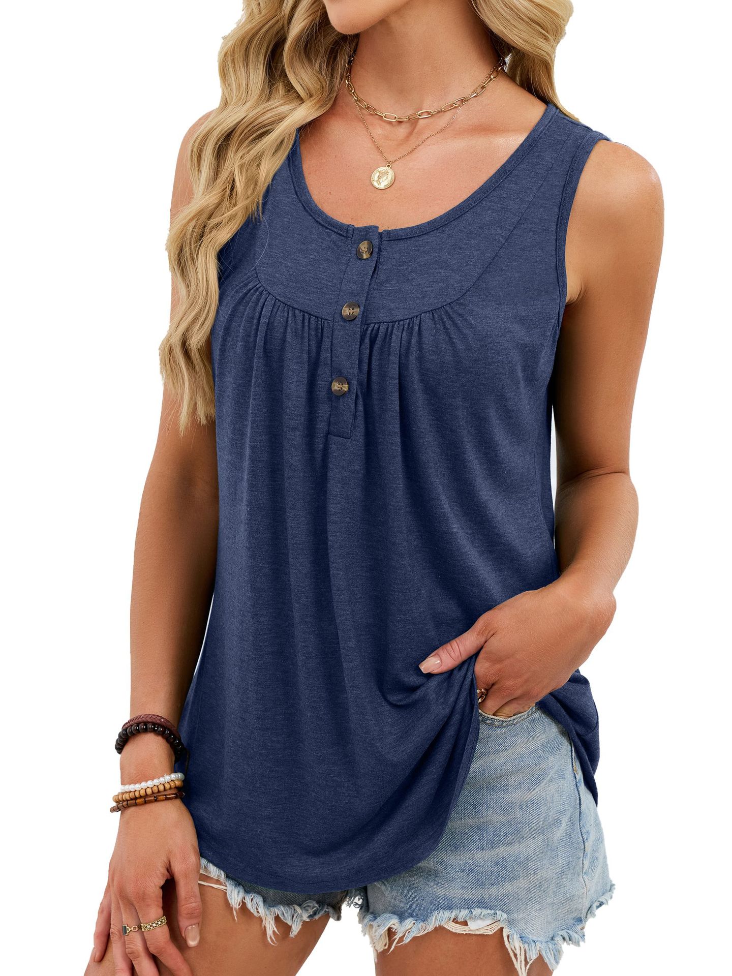 Women's solid color round neck button T-shirt sleeveless vest