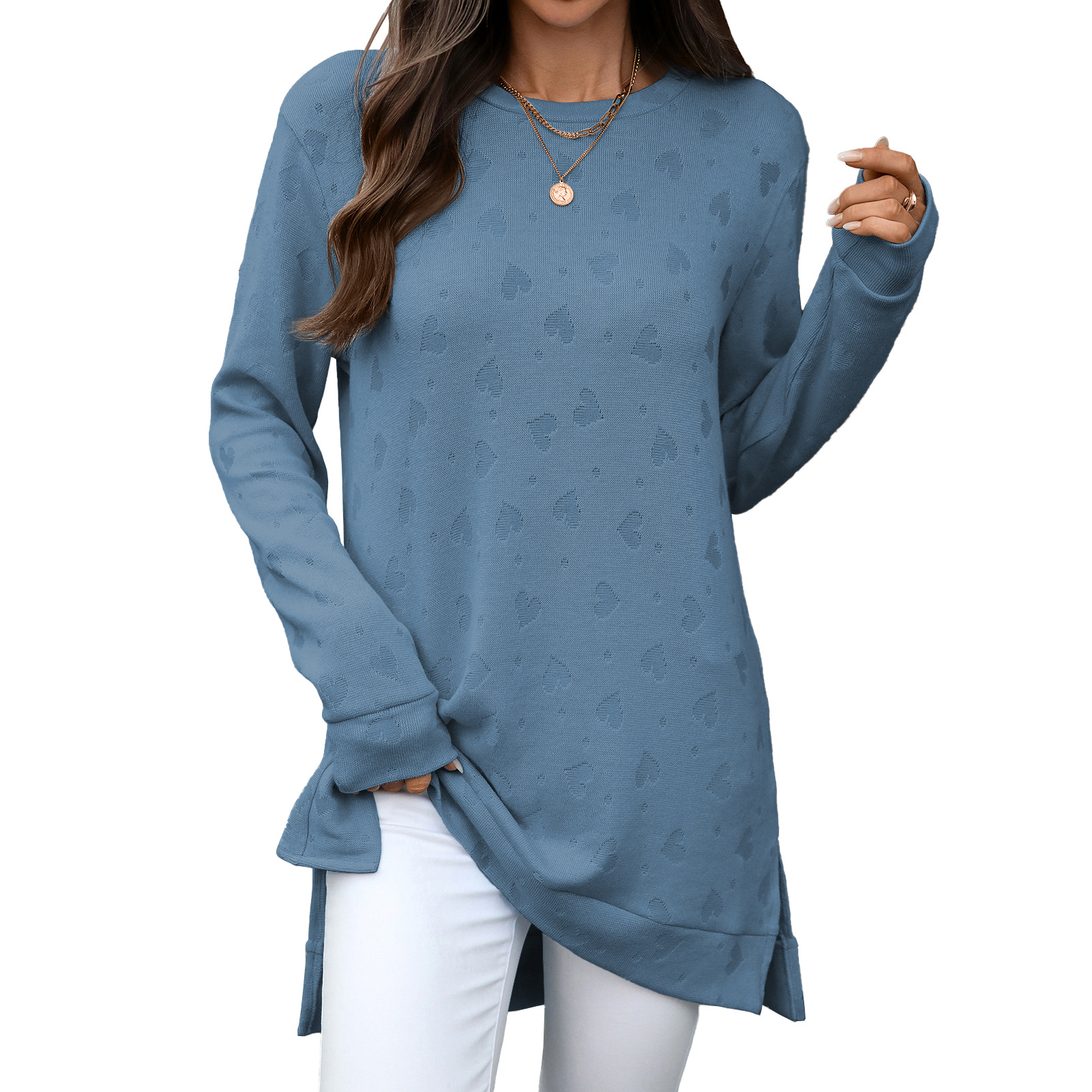 Women's solid color round neck loose long sleeve