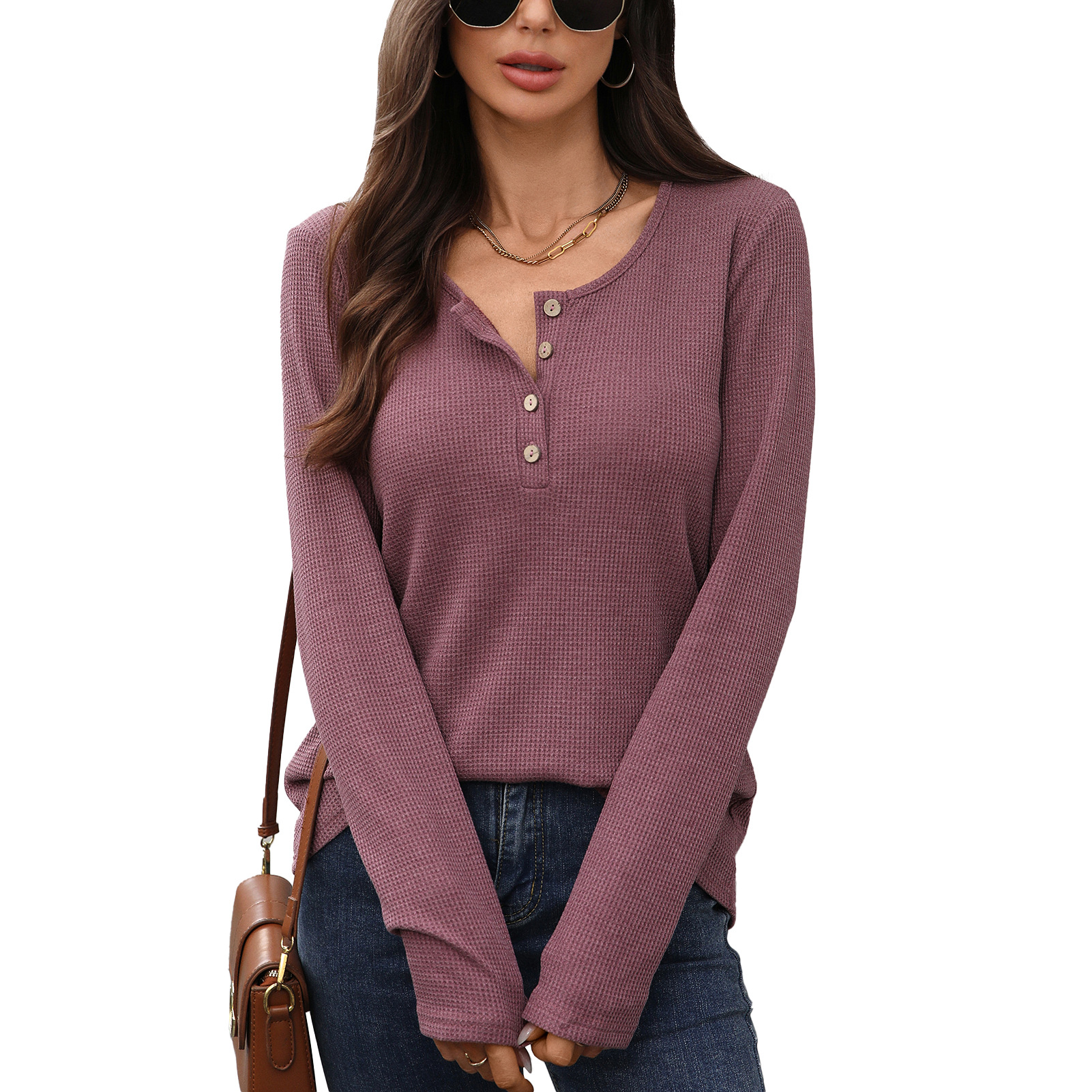 Women's solid color round neck button loose long sleeve