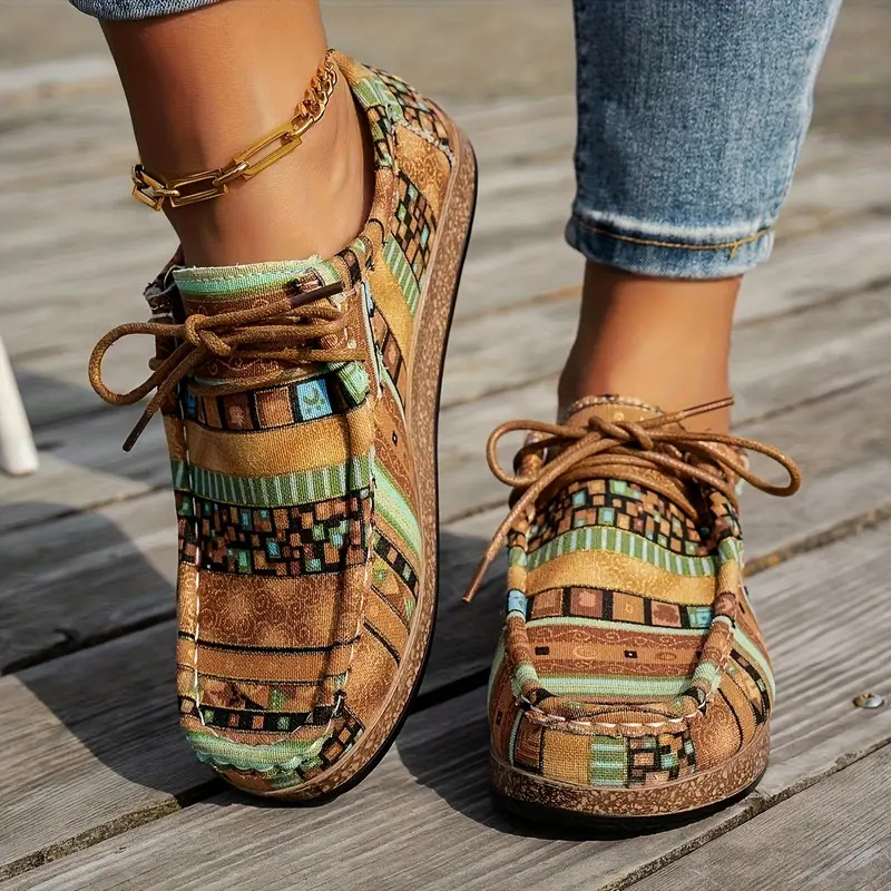 Women's Ethnic-Style Lace-Up Canvas Orthopedic Flats with Colorful Graffiti Print