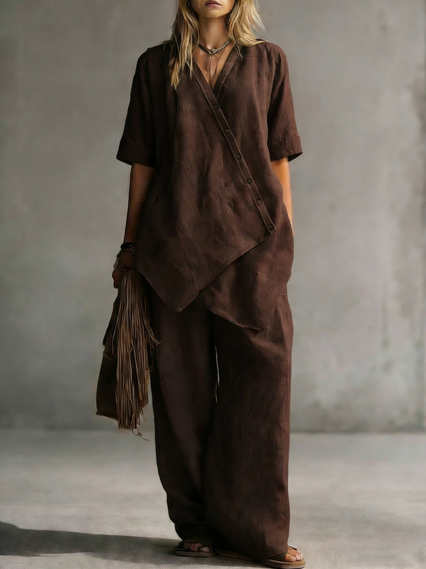Women's Linen-Blend Two-Piece Set: Asymmetrical Shirt & Wide-Leg Pants — Casual & Relaxed Attire