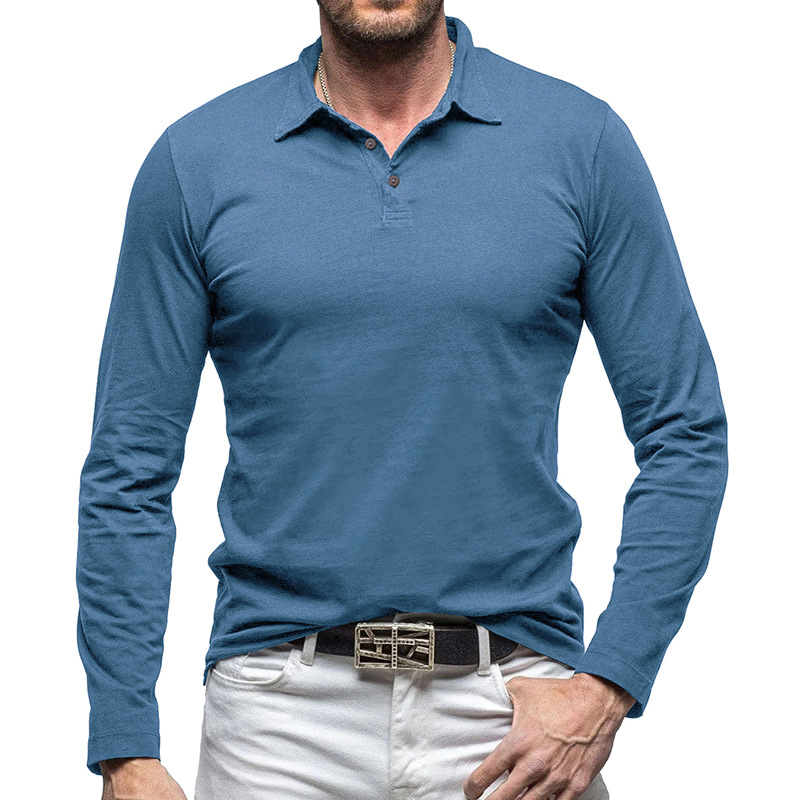 Outdoor Autumn/Winter New Style Lapel European and American Style Men's Solid Color Pure Cotton Long Sleeve Polo Shirt