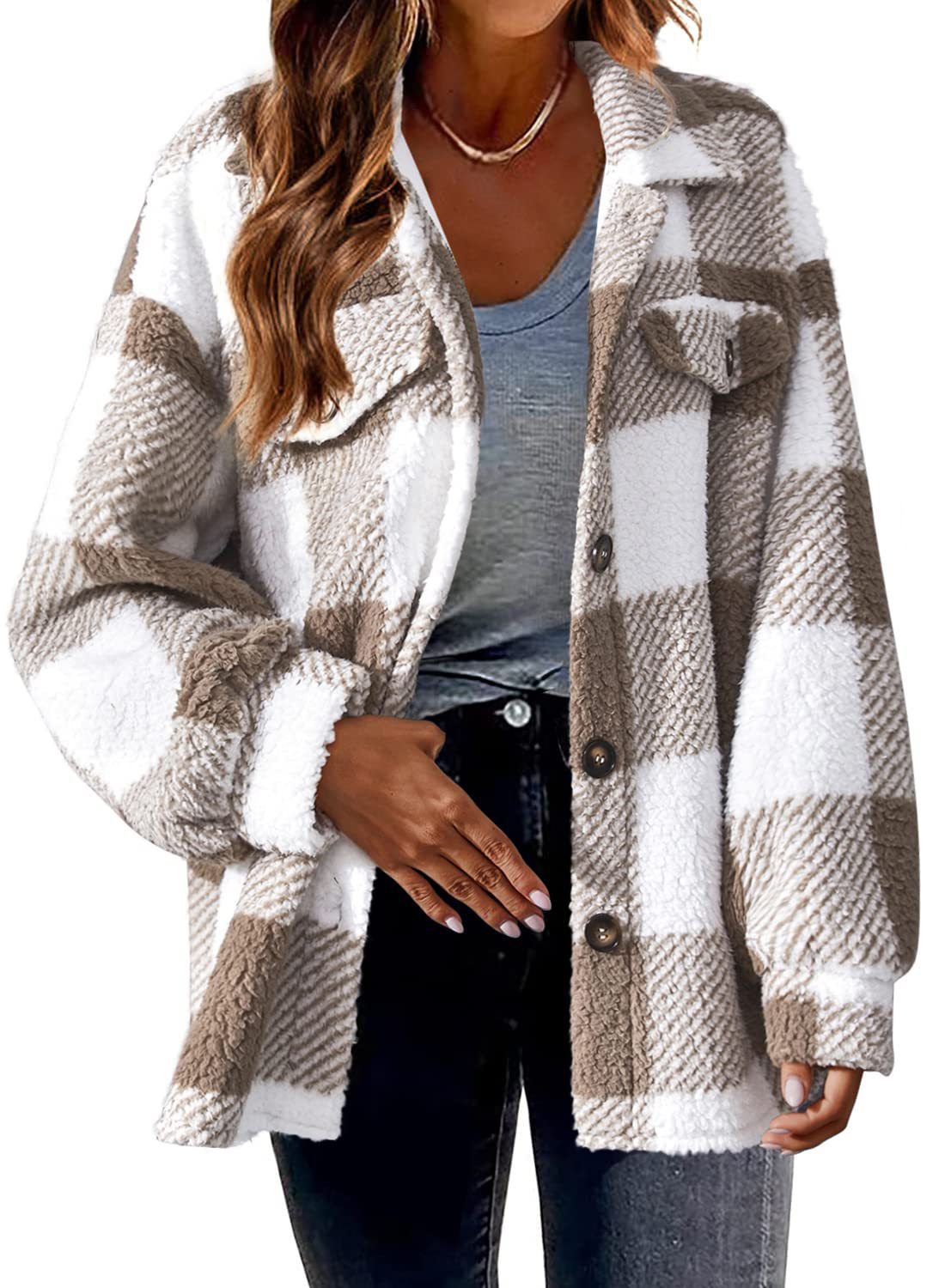 Women's plaid button-up fleece jacket