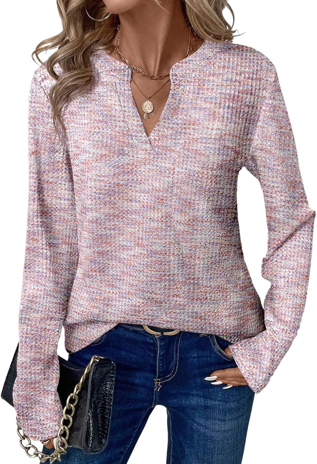 Women's V-neck pullover long-sleeved T-shirt, fashionable and versatile top