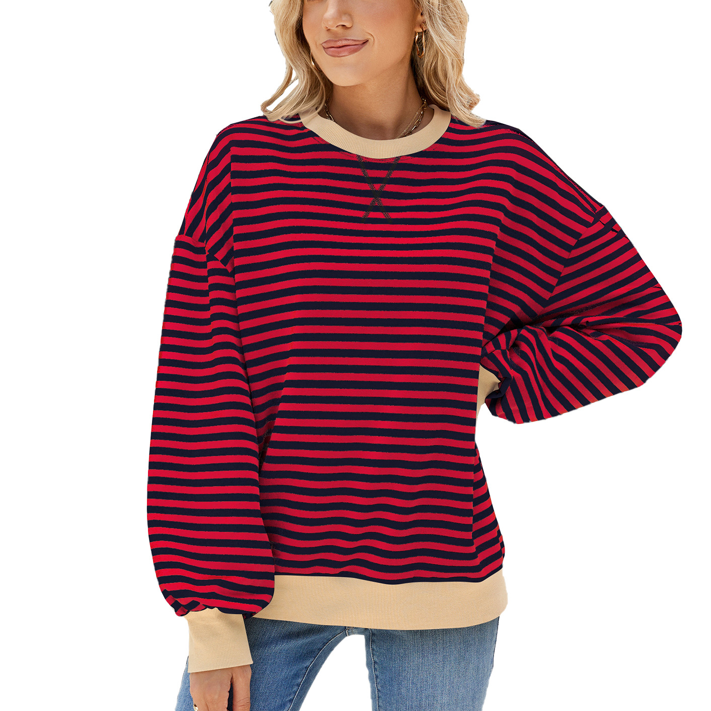 Women's Striped Crew Neck Color-Blocked Loose Long-Sleeved Sweatshirt