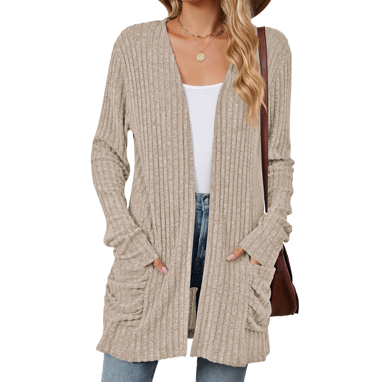 Women's Solid Color Pocket Long-Sleeved Base Cardigan Knitwear