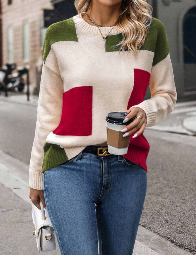 Women's Color-Blocked Knit Crew Neck Sweater