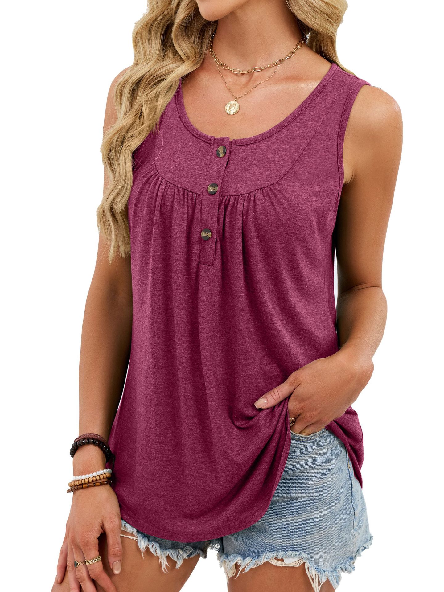 Women's solid color round neck button T-shirt sleeveless vest