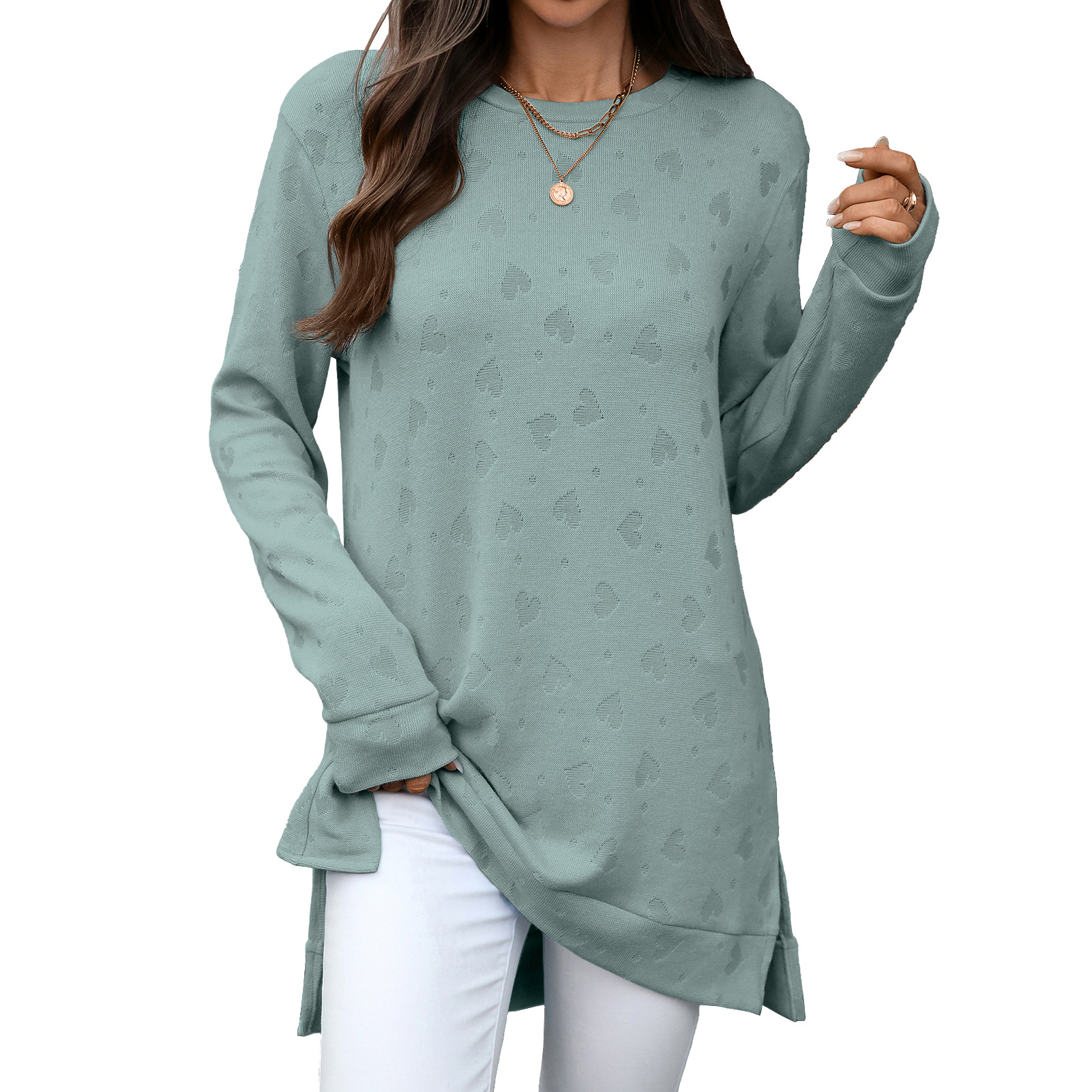 Women's solid color round neck loose long sleeve