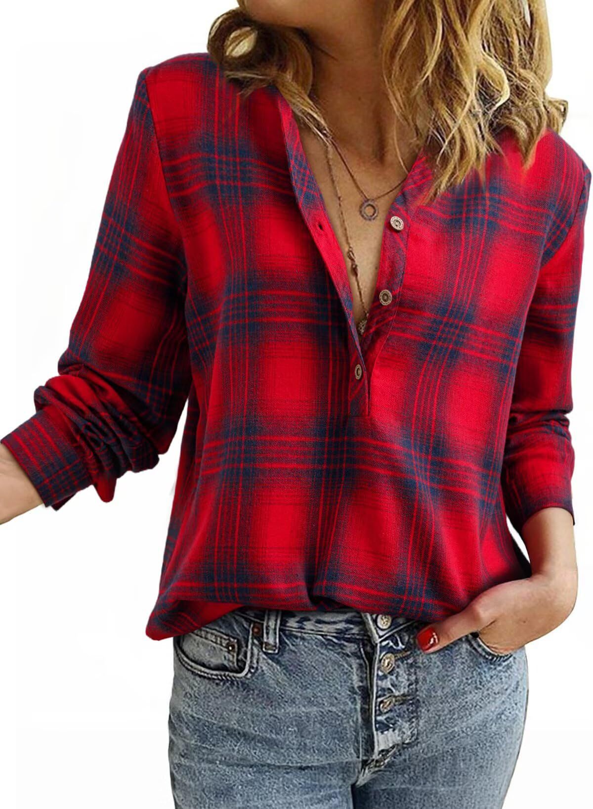 Women's casual V-neck plaid shirt