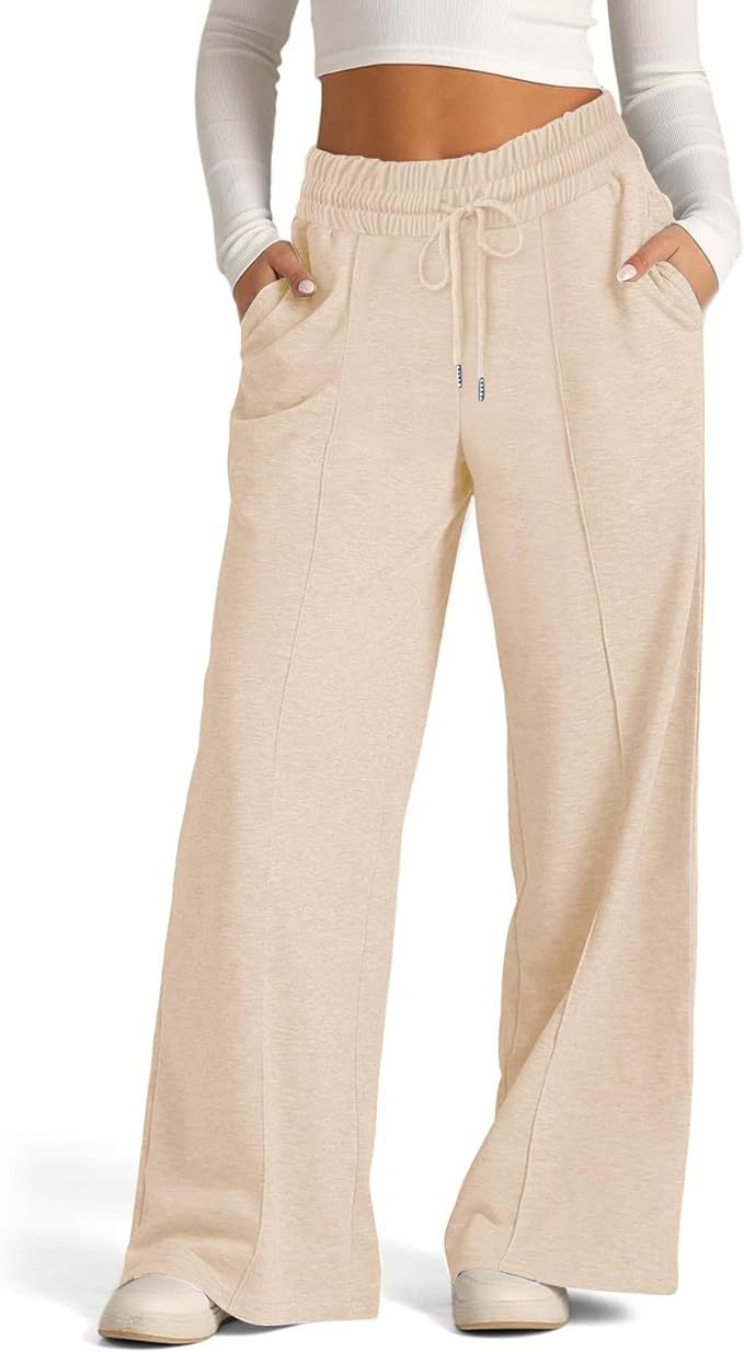 Women's solid color casual wide-leg drawstring elastic waist sweatpants