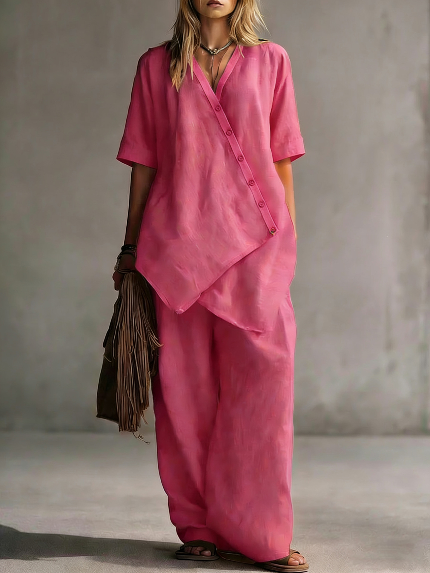Women's Linen-Blend Two-Piece Set: Asymmetrical Shirt & Wide-Leg Pants — Casual & Relaxed Attire