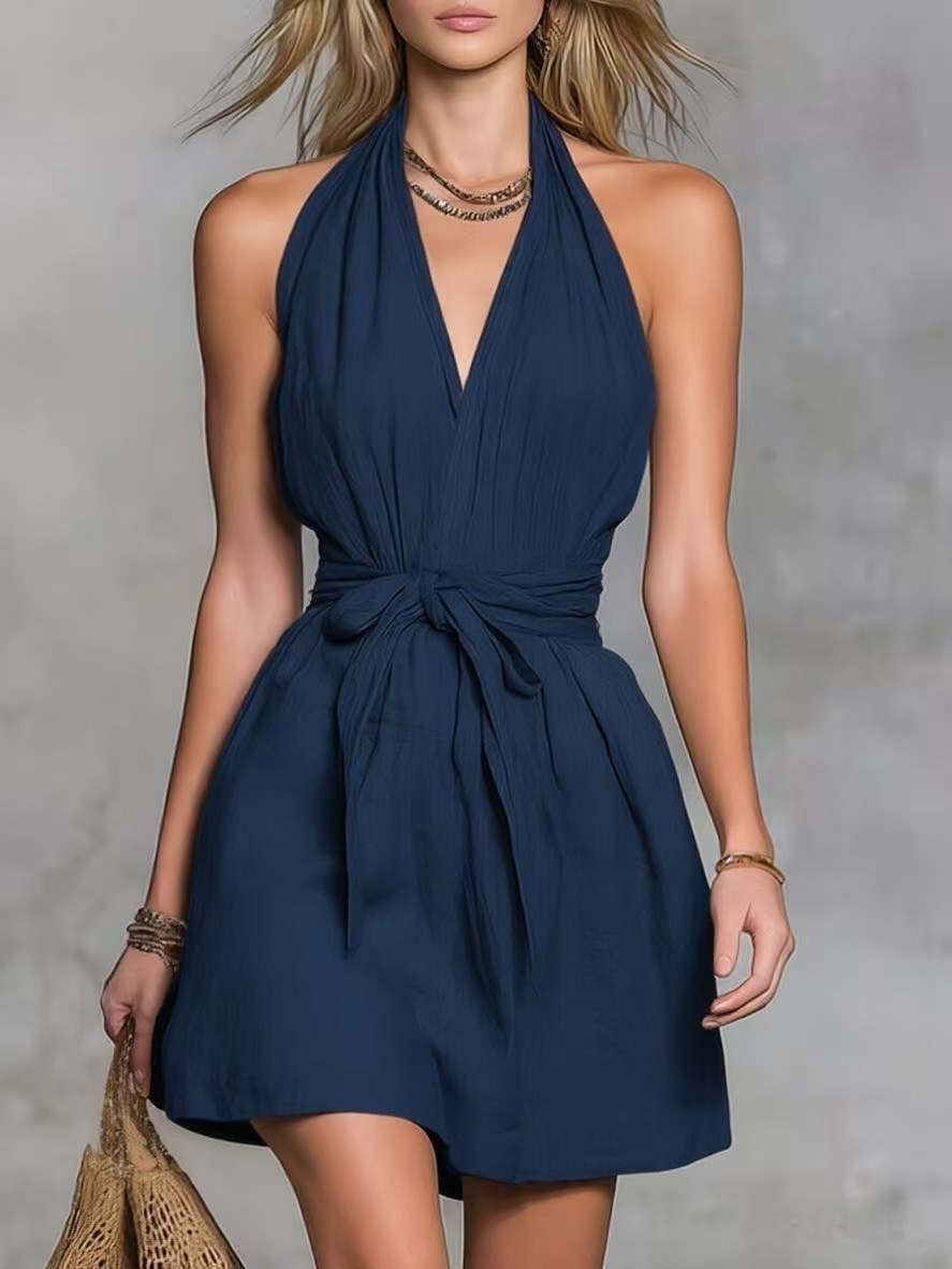 Women's V-Neck Waist-Cinching Tie-Belt Casual Vacation Dress