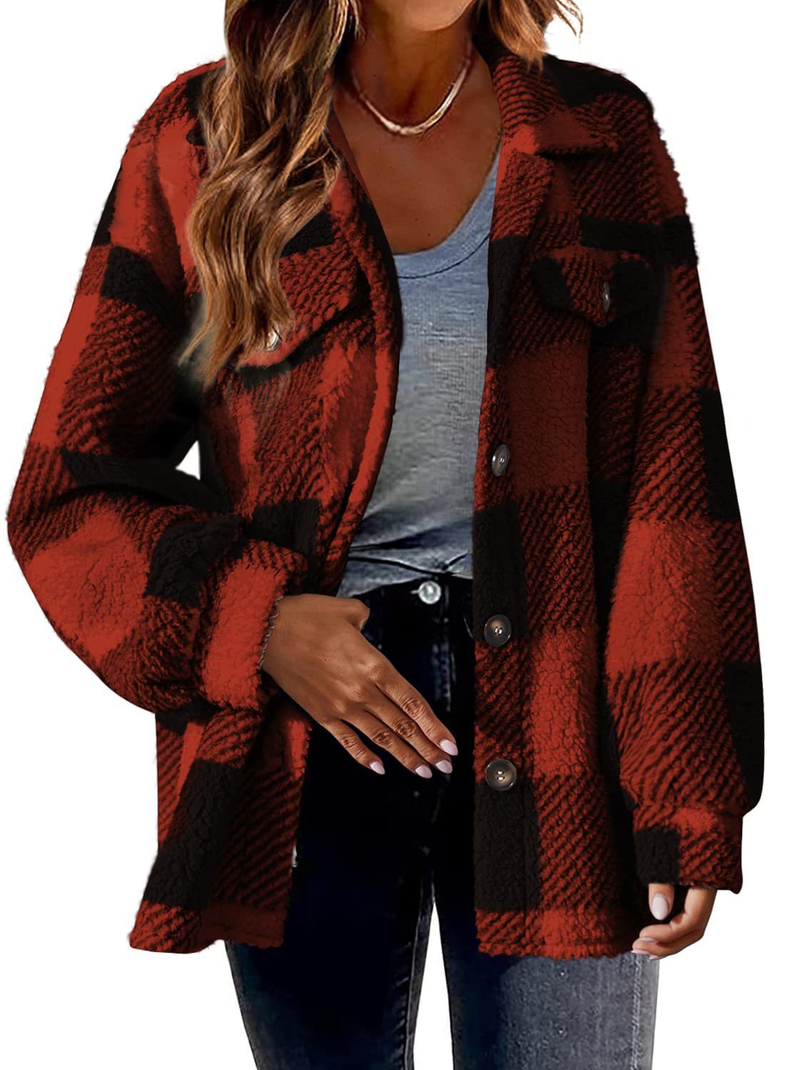 Women's plaid button-up fleece jacket