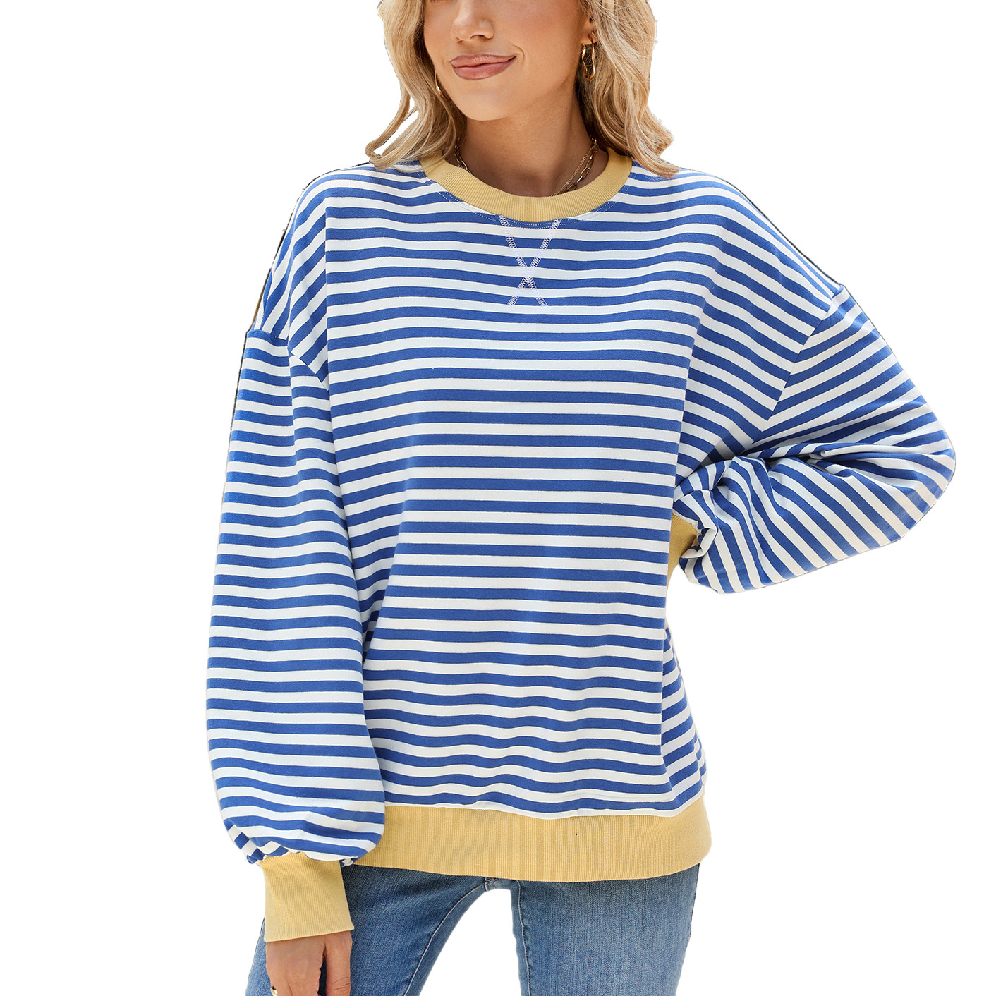 Women's Striped Crew Neck Color-Blocked Loose Long-Sleeved Sweatshirt