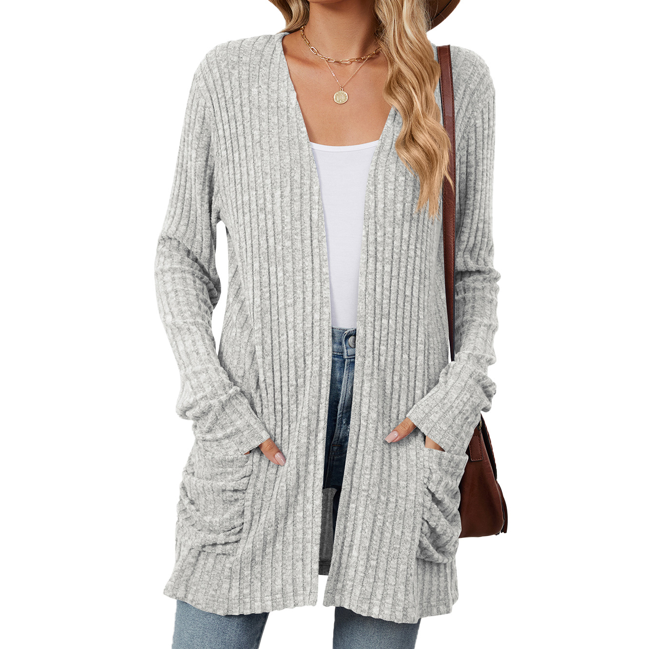 Women's Solid Color Pocket Long-Sleeved Base Cardigan Knitwear