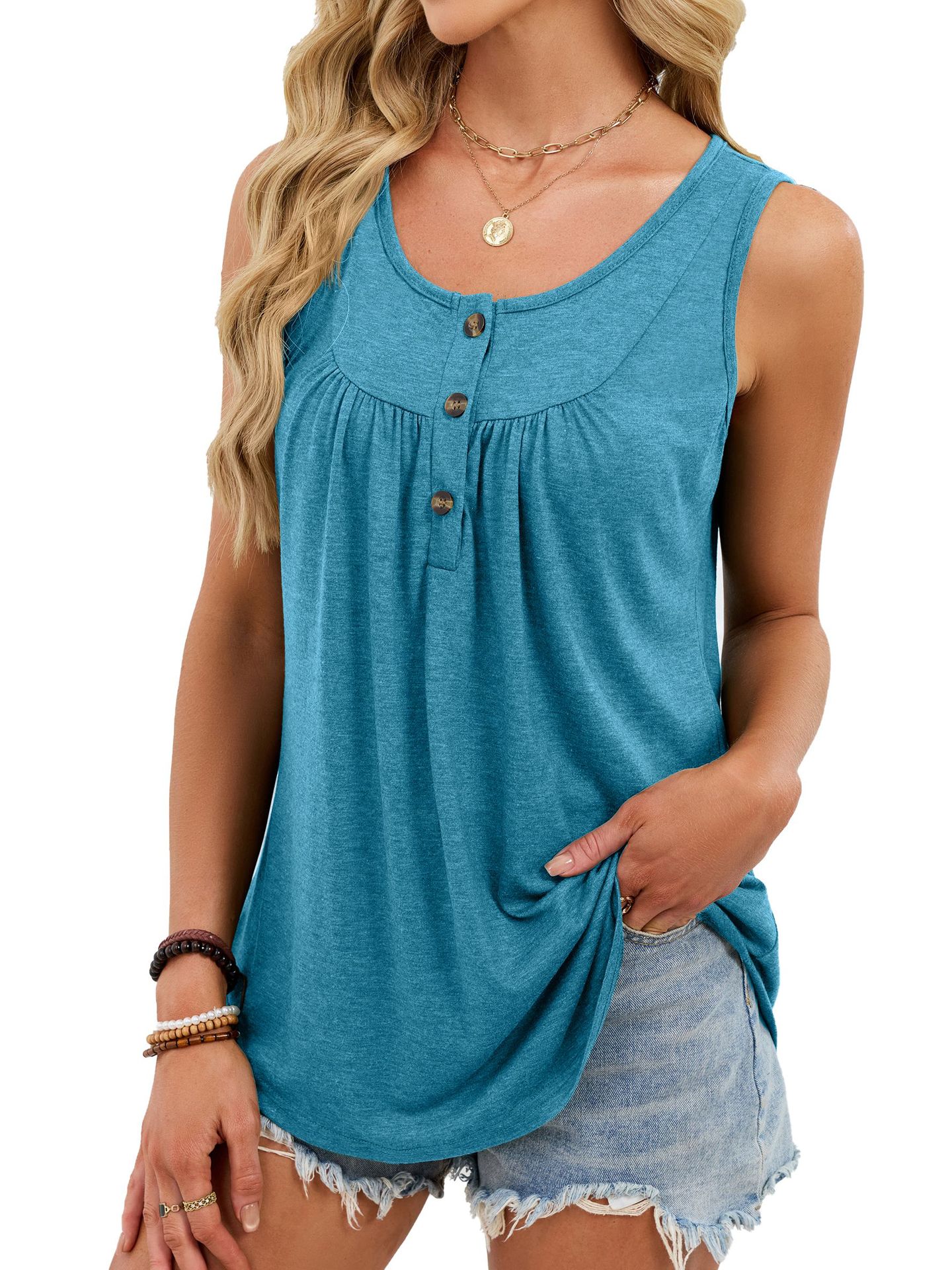 Women's solid color round neck button T-shirt sleeveless vest