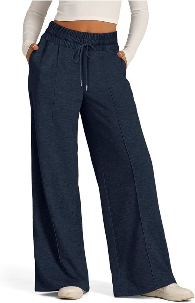 Women's solid color casual wide-leg drawstring elastic waist sweatpants