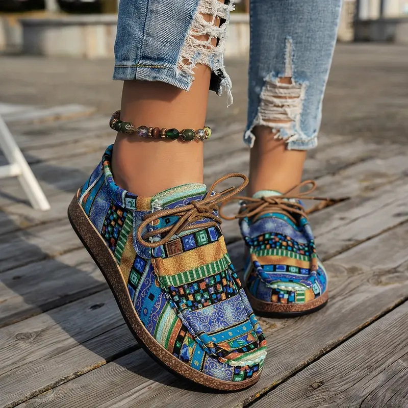 Women's Ethnic-Style Lace-Up Canvas Orthopedic Flats with Colorful Graffiti Print