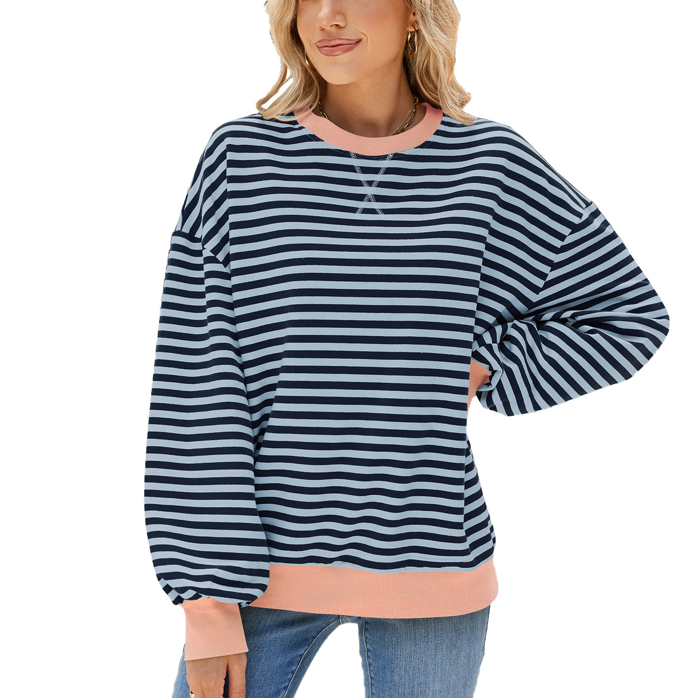Women's Striped Crew Neck Color-Blocked Loose Long-Sleeved Sweatshirt
