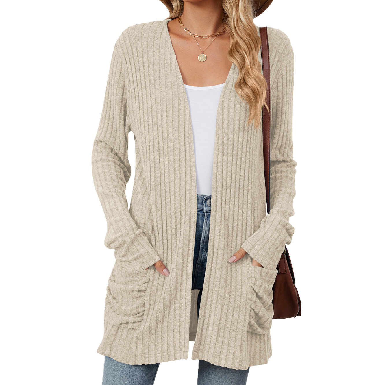 Women's Solid Color Pocket Long-Sleeved Base Cardigan Knitwear
