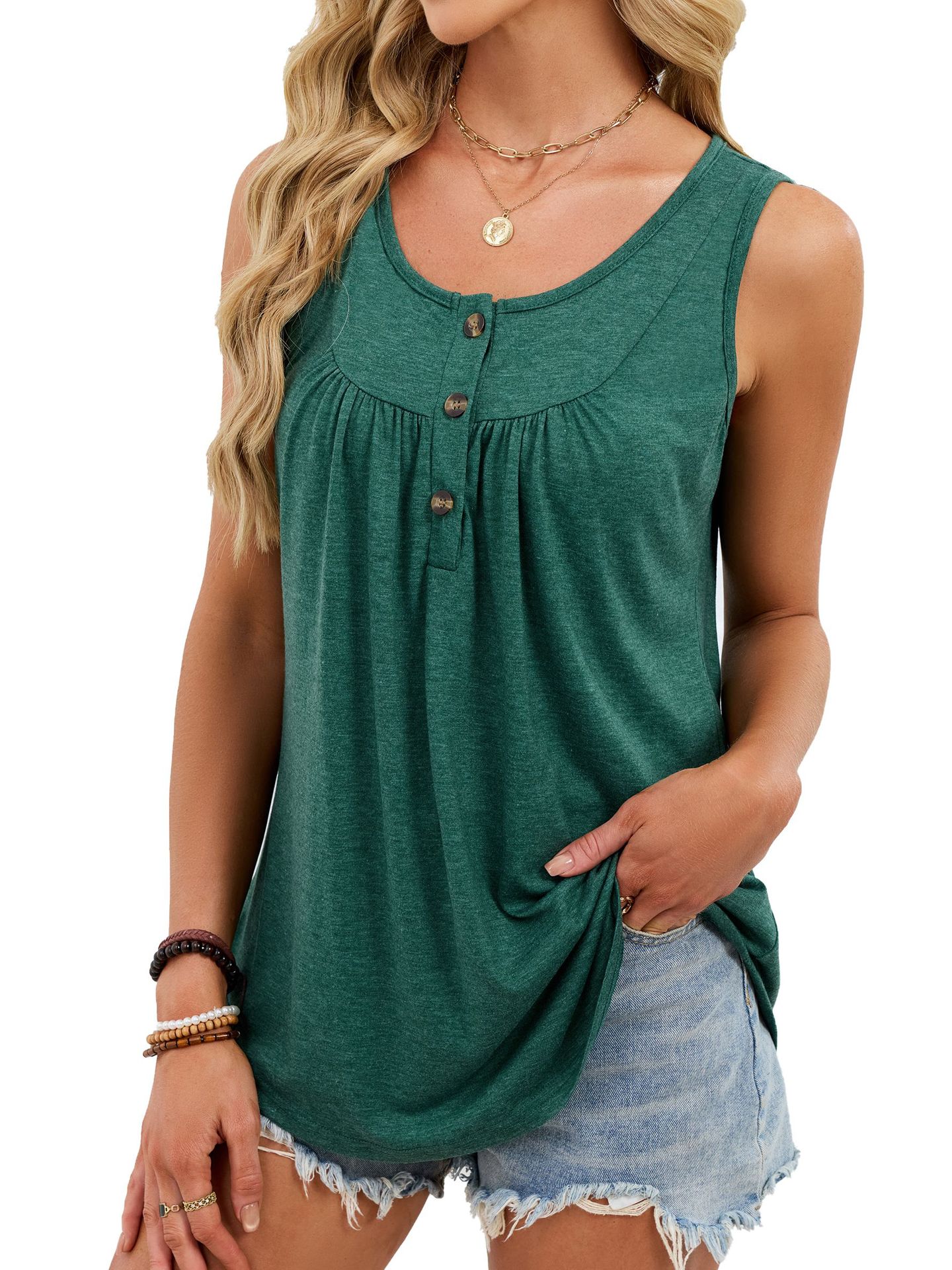 Women's solid color round neck button T-shirt sleeveless vest
