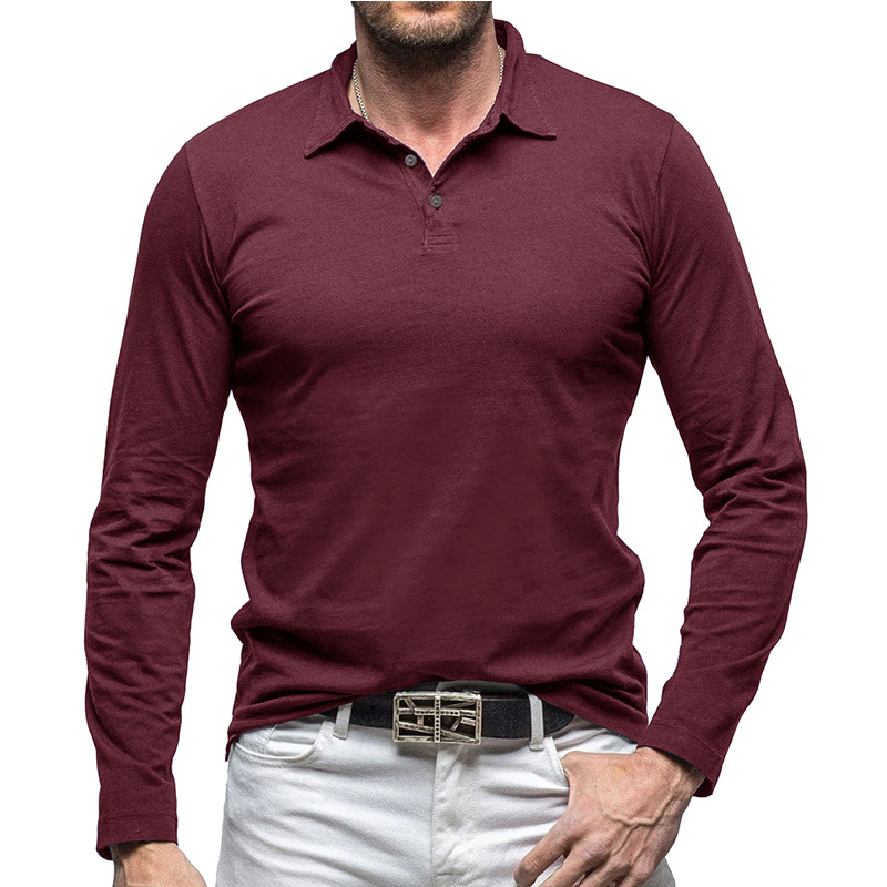 Outdoor Autumn/Winter New Style Lapel European and American Style Men's Solid Color Pure Cotton Long Sleeve Polo Shirt