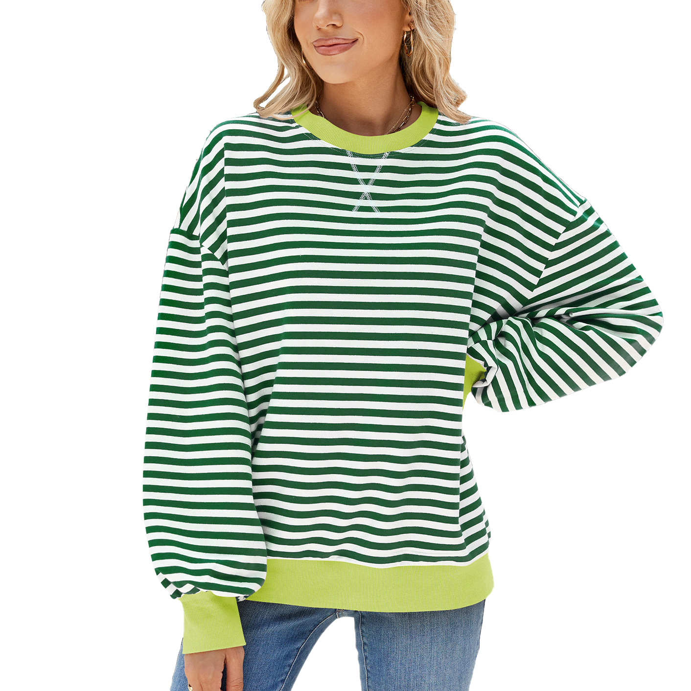 Women's Striped Crew Neck Color-Blocked Loose Long-Sleeved Sweatshirt