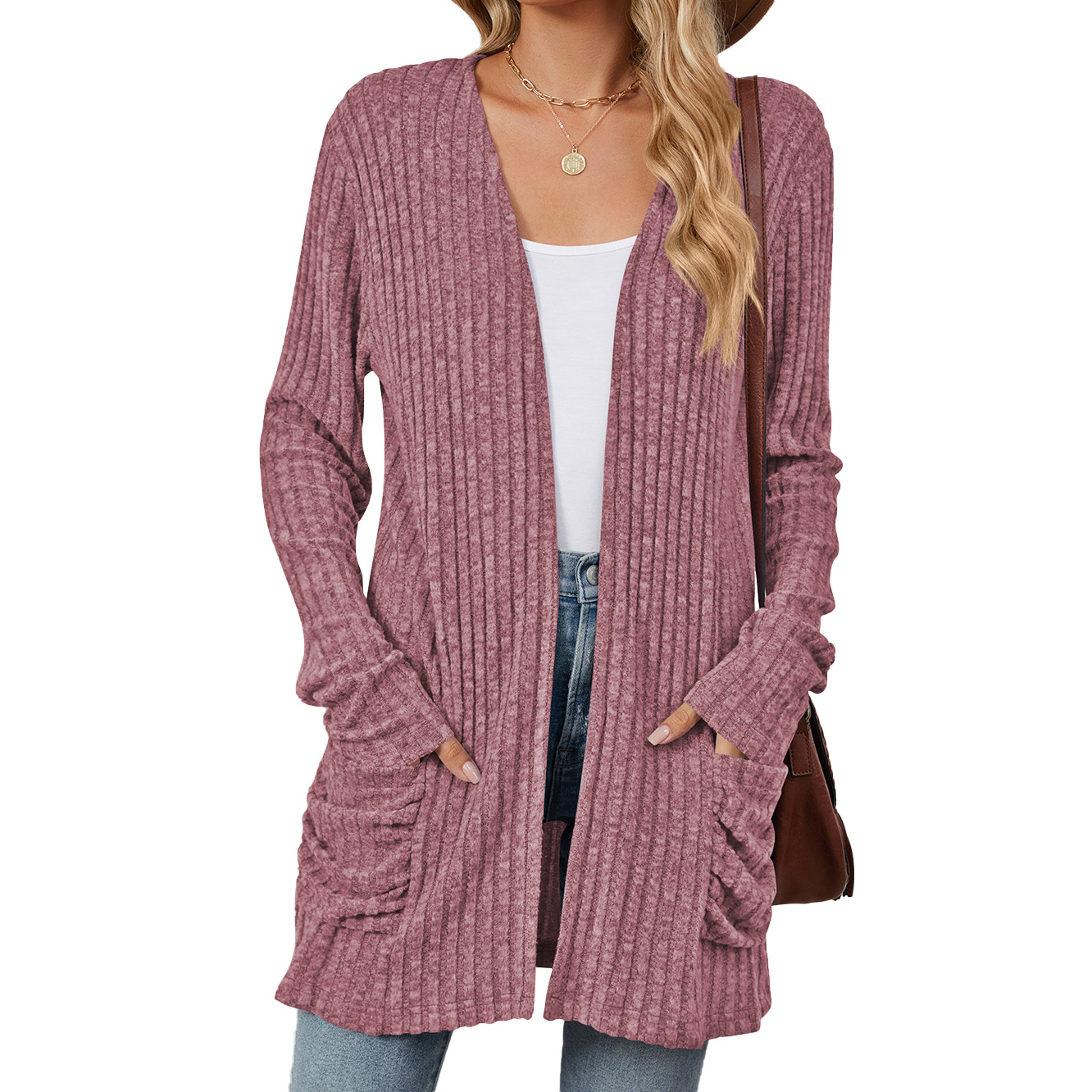 Women's Solid Color Pocket Long-Sleeved Base Cardigan Knitwear