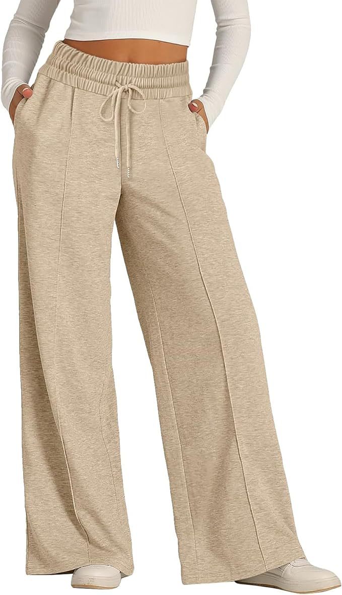 Women's solid color casual wide-leg drawstring elastic waist sweatpants