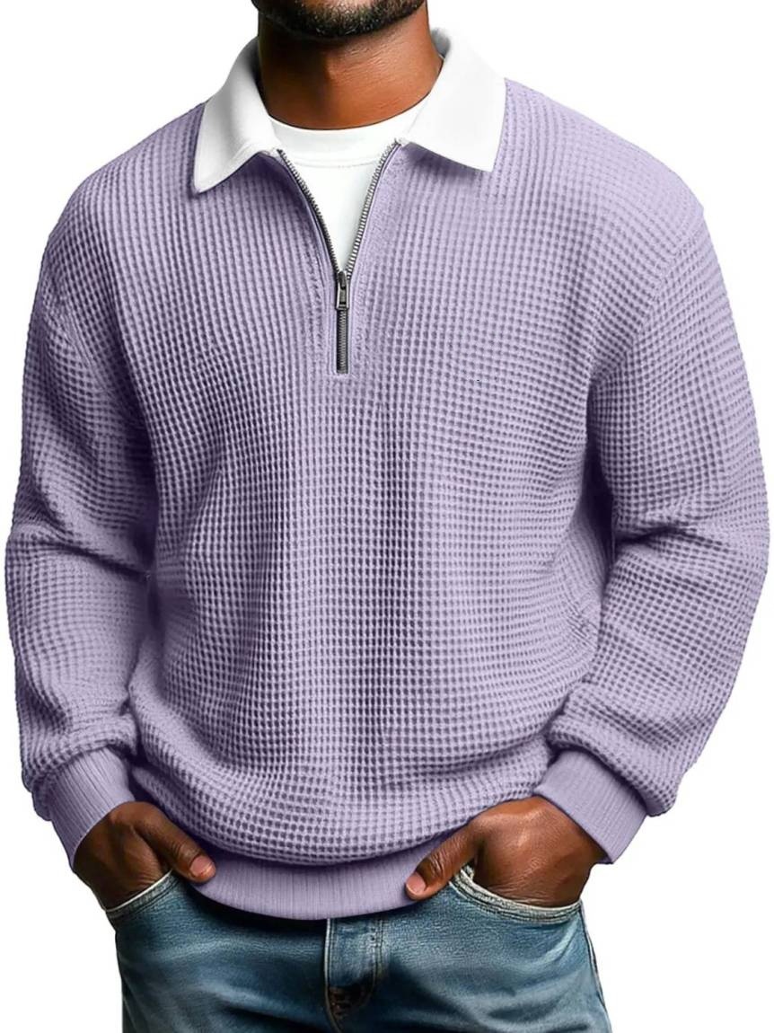 Men's collared long-sleeved polo shirt with half-zip closure