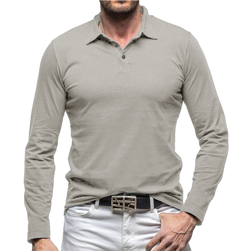 Outdoor Autumn/Winter New Style Lapel European and American Style Men's Solid Color Pure Cotton Long Sleeve Polo Shirt